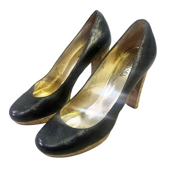 Michael Kors Black Leather‎ Cork Heel Pumps Size ___ Block Heel Round Toe Shoes - Picture 1 of 8